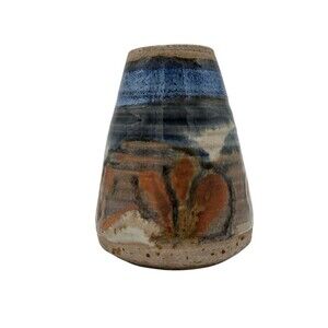 Native American Navajo Art Pottery Bud Vase Blue Brown Drip Glaze Stoneware 3.5"